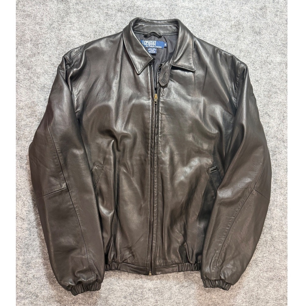 Vintage 90s Polo Ralph Lauren 100% Genuine Leather Black Jacket Mens Small